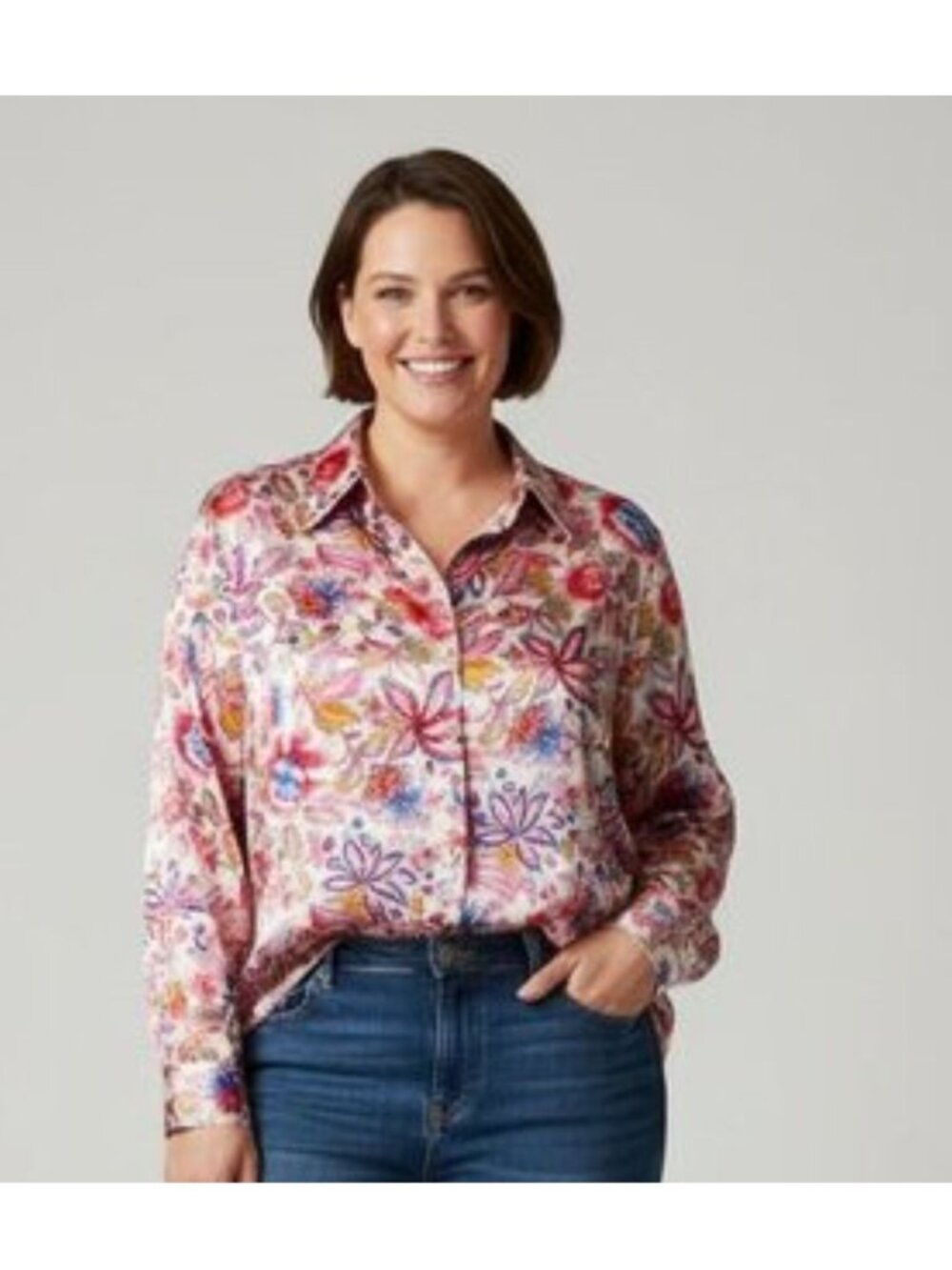 ZARA Satin Long Sleeve Button Front Floral Blouse Ivory/Royal/Pink Women XL